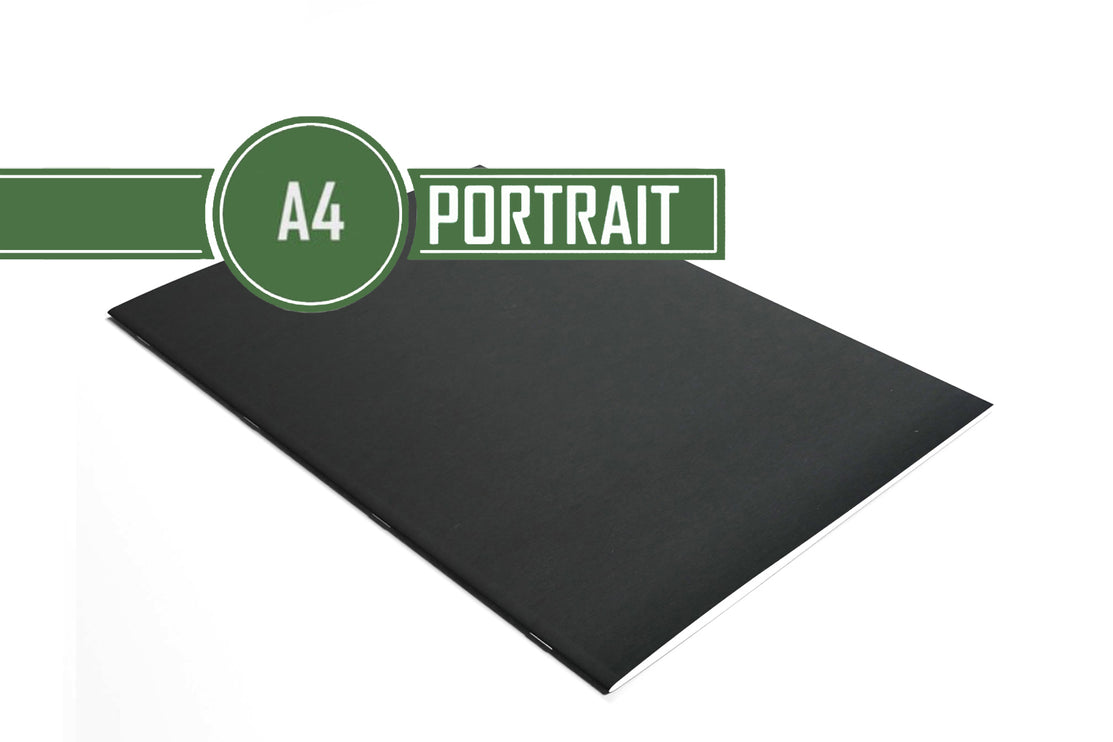 A4 Portrait Sketchbook | 140gsm White Cartridge, 20 Sheets | Stapled Laminated Black Cover